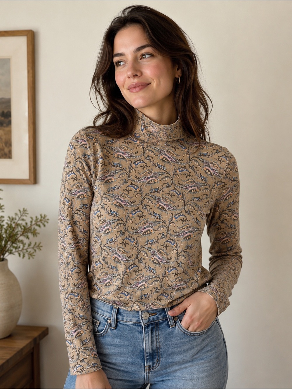 Lands' End Paisley Turtleneck Long-sleeve Tan Size Small 100% Cotton - Bohemian